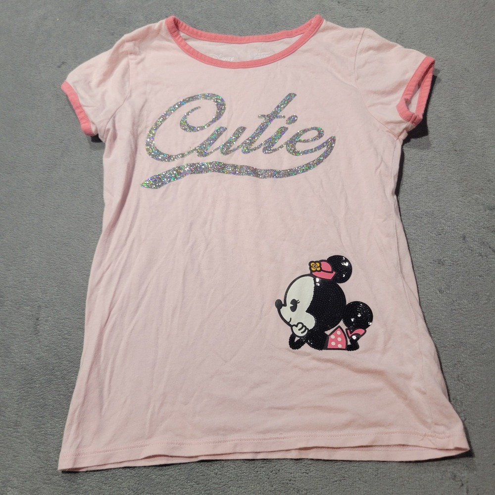 Disney‎ Jumping Beans T-Shirt Girls 7 Pink Minnie Mouse Cutie Glitter Sequin Tee